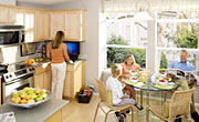 Family sitting in the SmartHome kitchen, mother at the counter working on a TouchSmart PC